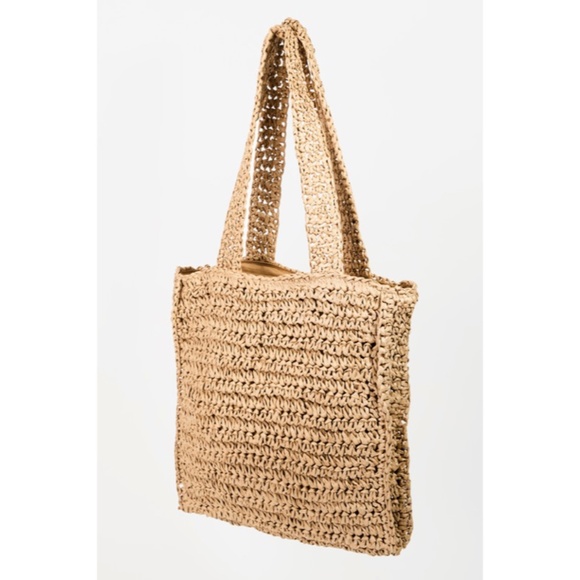 SOLD OUT Khaki Floral Straw Braided Woven Pattern Tote Bag - Picture 3 of 4